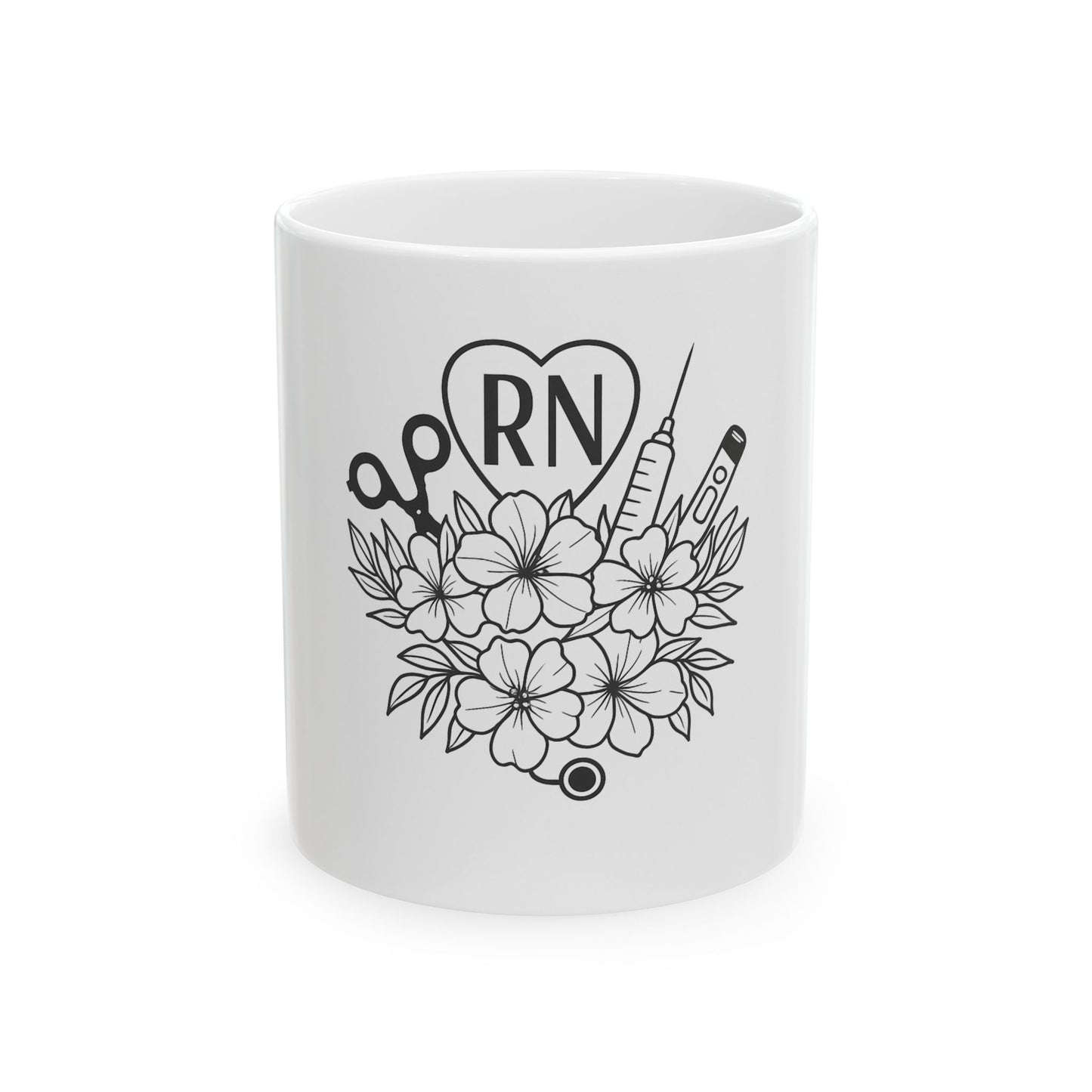 Nurse Appreciation Ceramic Mug - RN Flowers Design, Gifts for Nurses, Healthcare Workers, Tea/Coffee Mug, Fun Decor, Graduation Present